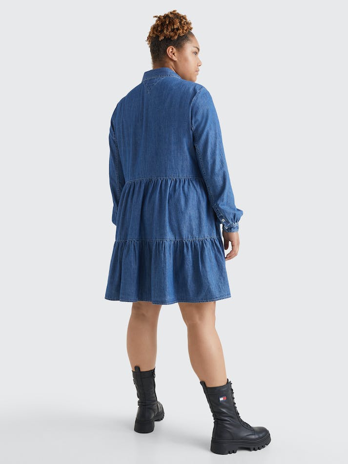 Tommy Jeans Curve Tiered Denim Shirt Women's Dress Blue | TwQGVzgo5LBN