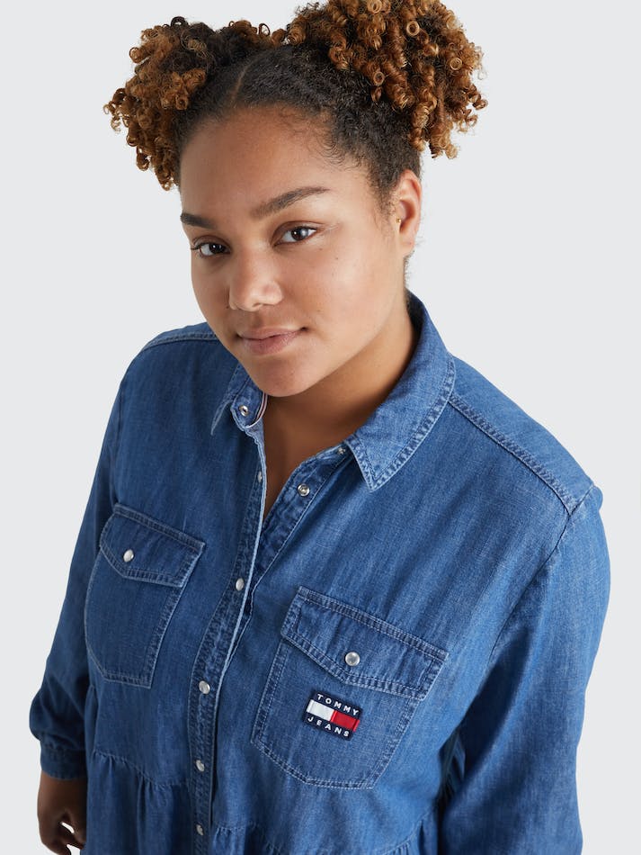 Tommy Jeans Curve Tiered Denim Shirt Women's Dress Blue | TwQGVzgo5LBN