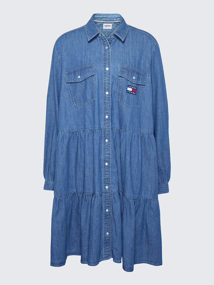 Tommy Jeans Curve Tiered Denim Shirt Women's Dress Blue | TwQGVzgo5LBN