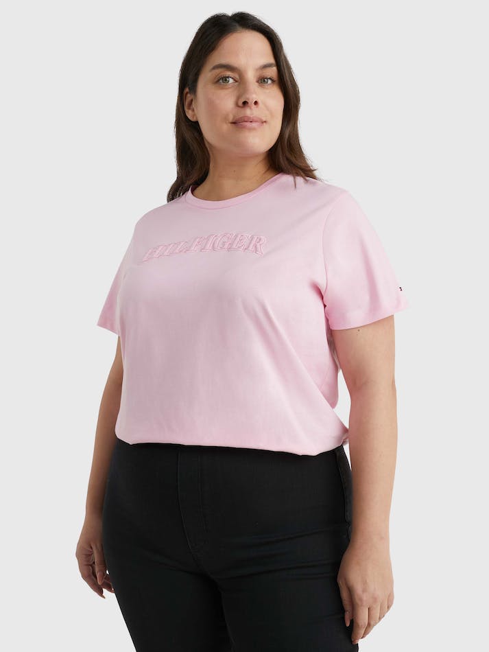 Tommy Hilfiger Curve Tonal Logo Embroidery Regular Fit Women's T Shirts Pink | GgW1wTeKZFAe