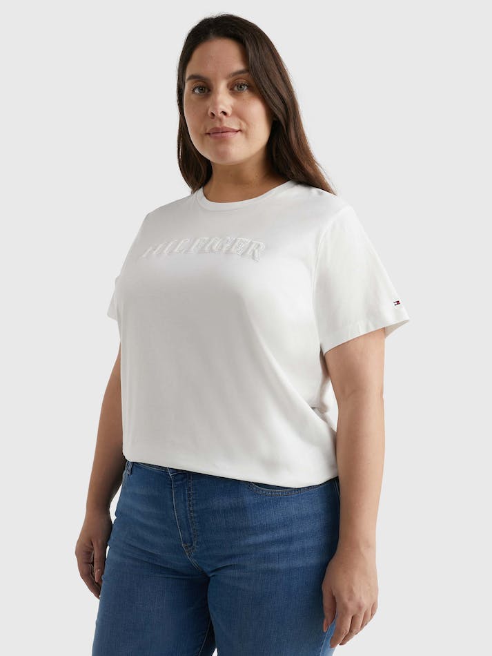 Tommy Hilfiger Curve Tonal Logo Embroidery Regular Fit Women's T Shirts White | YDoeTxsKT2GI