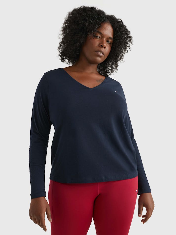 Tommy Hilfiger Curve V-Neck Long Sleeve Women's T Shirts Blue | lOGUDcYC5U3Y