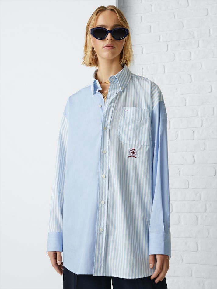 Tommy Hilfiger Dual Gender Heritage Contrast Panel Oversized Women's Shirts Blue | Kgc9UE5dvtAT