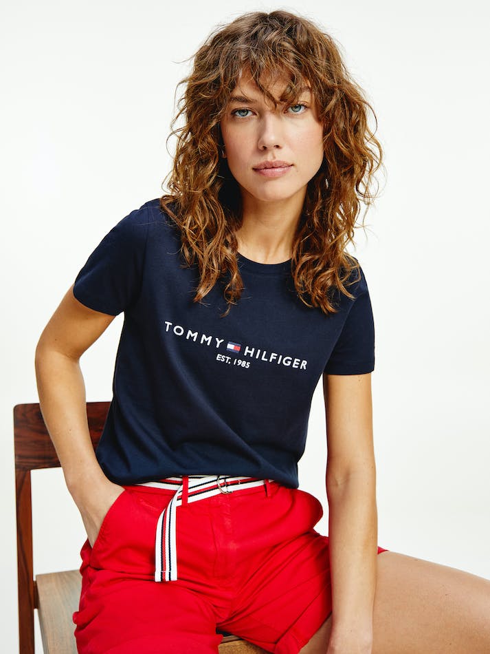 Tommy Hilfiger Essential Crew Neck Logo Women\'s T Shirts Blue | CBJlzdtQx2TA