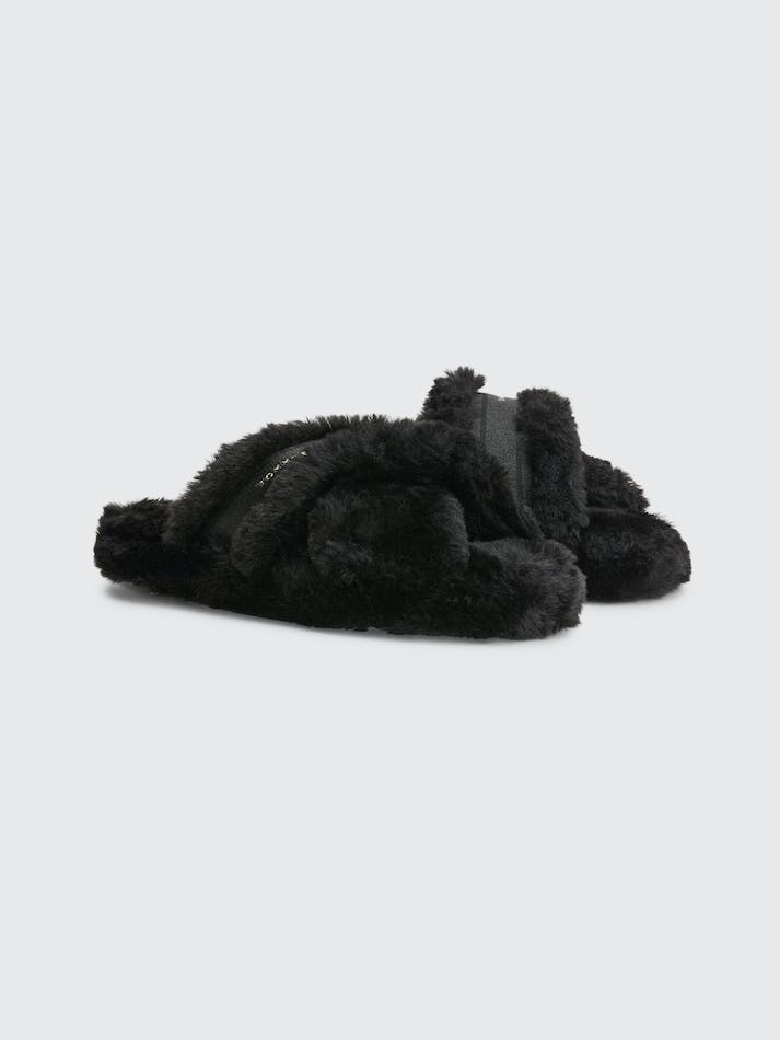 Tommy Hilfiger Faux Fur Logo Strap Home Women\'s Slides Black | YfsvlqGyTG9o