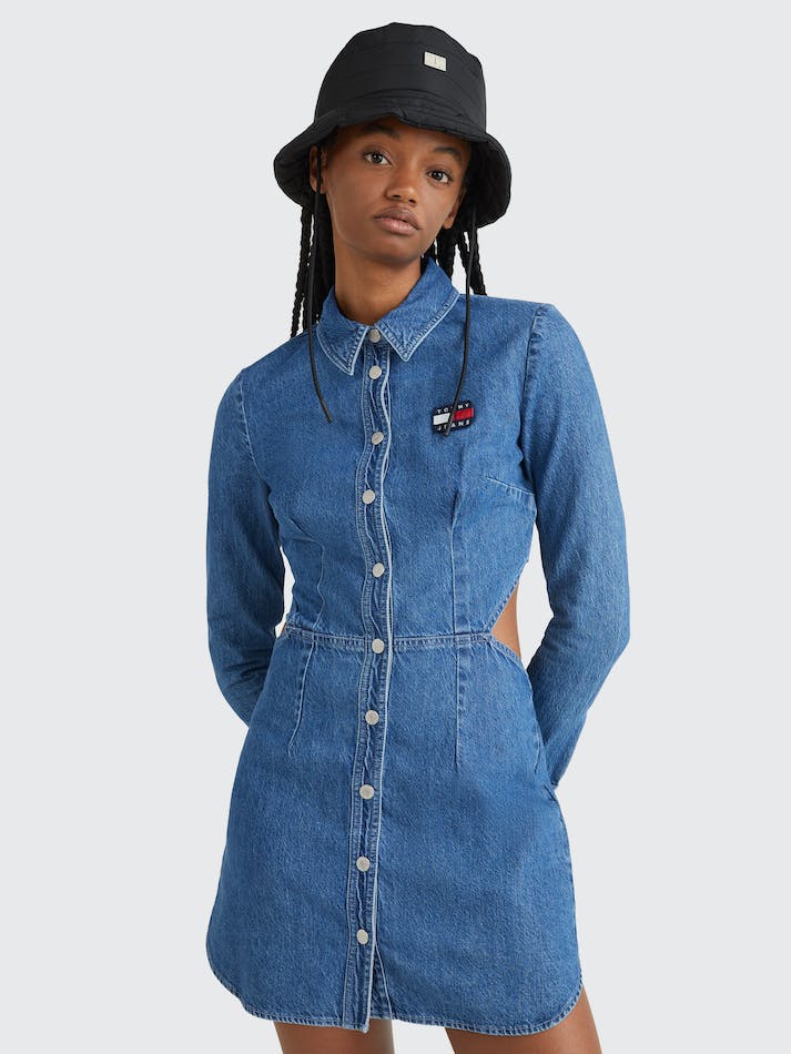 Tommy Jeans Fitted Faded Denim Shirt Women's Dress Blue | 4WuMFLrAGGsw