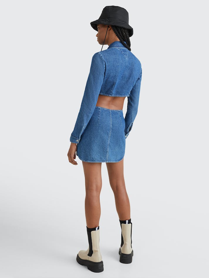 Tommy Jeans Fitted Faded Denim Shirt Women's Dress Blue | 4WuMFLrAGGsw