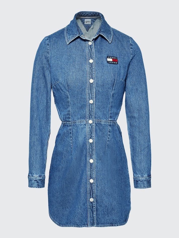 Tommy Jeans Fitted Faded Denim Shirt Women's Dress Blue | 4WuMFLrAGGsw