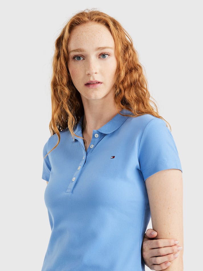 Tommy Hilfiger Five-Button Placket Slim Fit Women's Polo Shirts Blue | r2zDejPmH1np