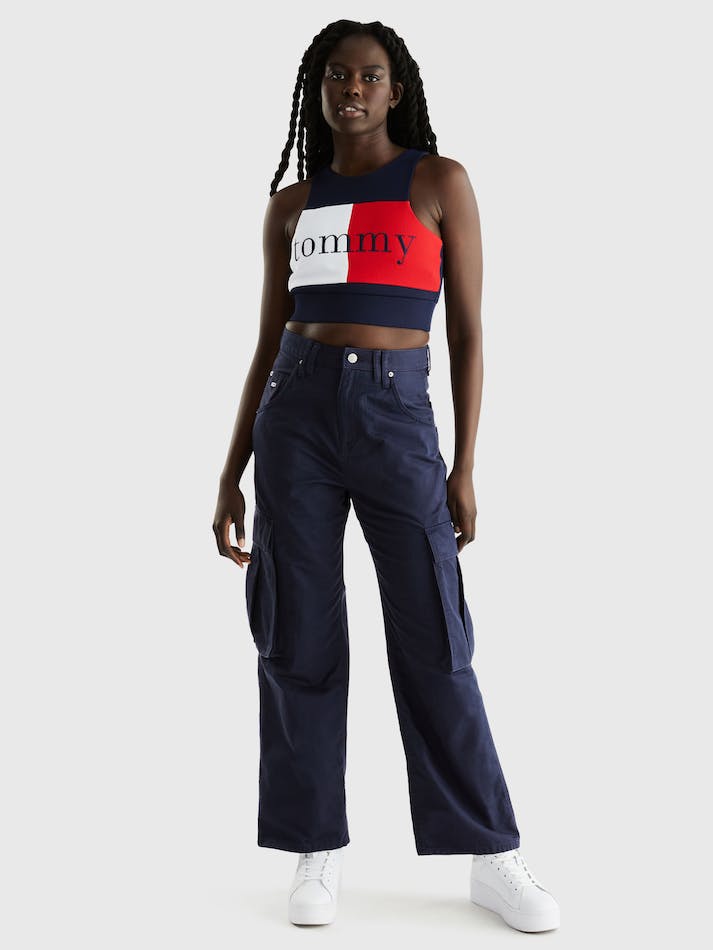 Tommy Jeans Flag Badge Ribbed Crop Women's Tops Dark Grey Navy | 2xFQFvUQxksU