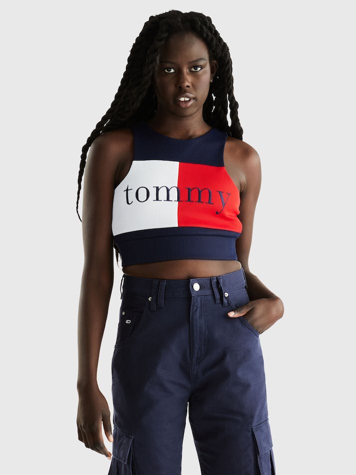 Tommy Jeans Flag Badge Ribbed Crop Women\'s Tops Dark Grey Navy | 2xFQFvUQxksU