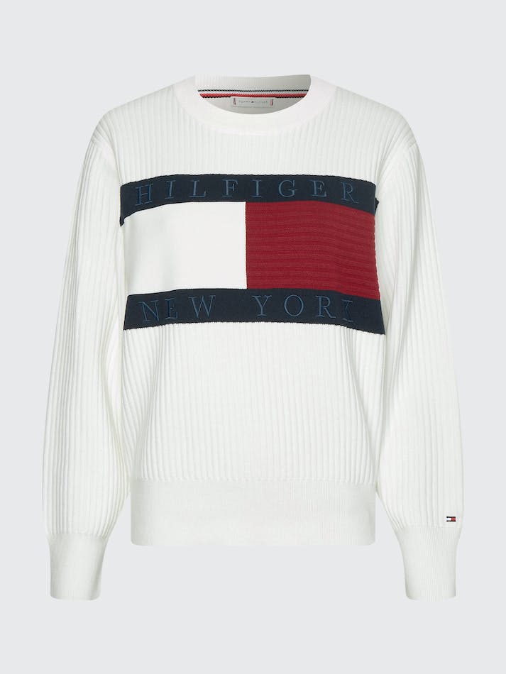 Tommy Hilfiger Flag Crew Neck Women's Jumpers White | 1SKUshKYTEQk