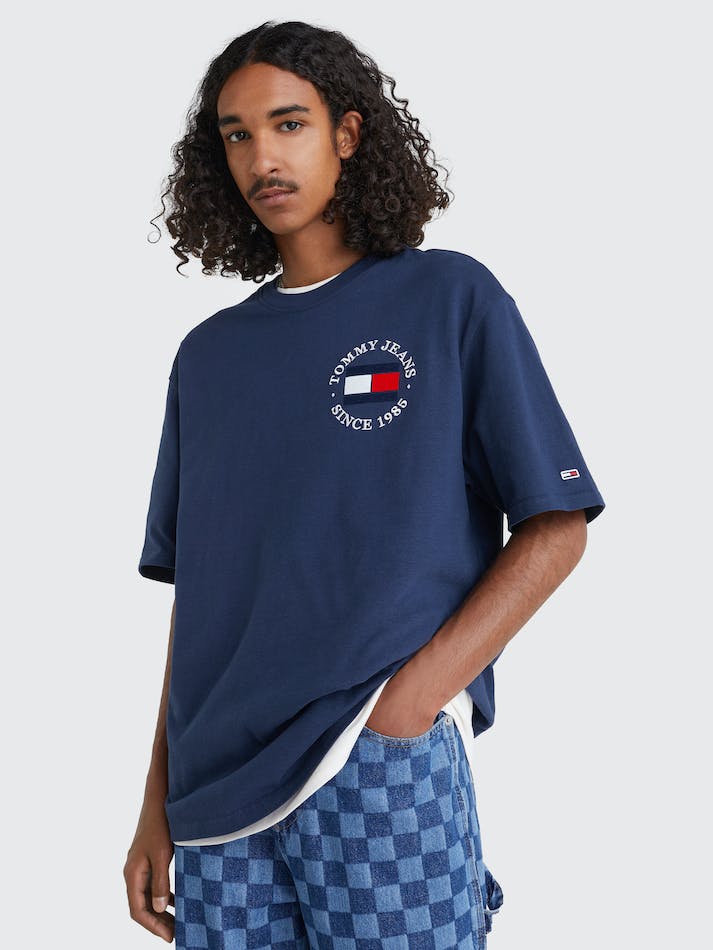 Tommy Jeans Flocked Flag Skater Men's T Shirts Navy | iI3Zg4z9uun6