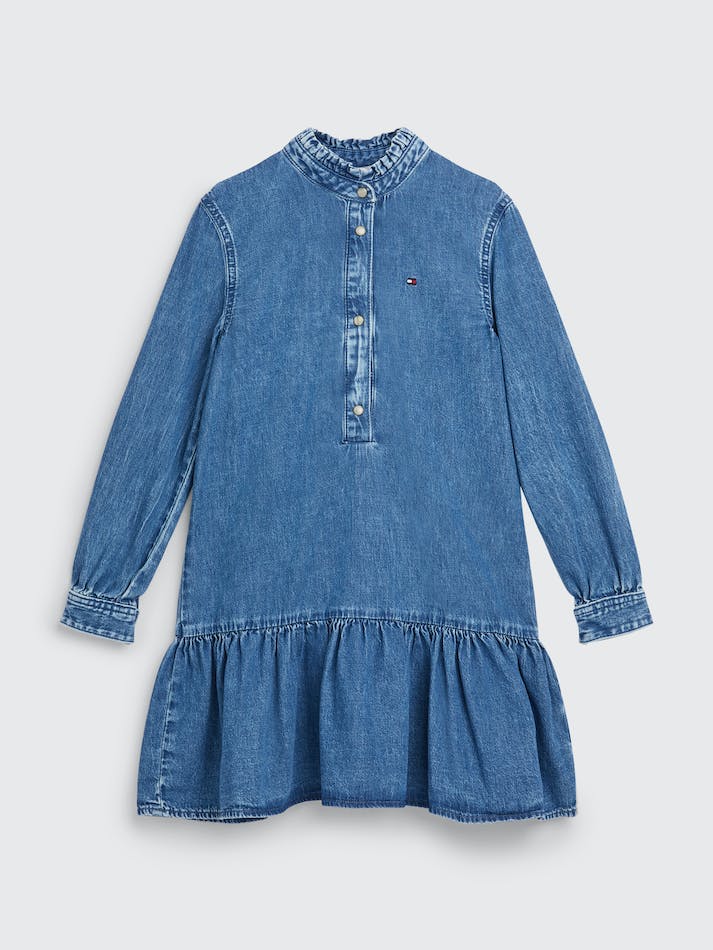 Tommy Hilfiger Frill Collar Denim Shirt Kids\' Dress Miapopblue | CNcnOOCgDhFz