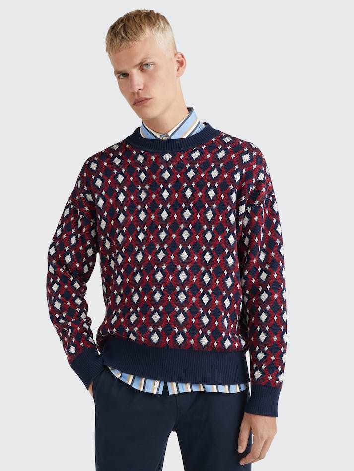 Tommy Hilfiger Geometric Intarsia Oversized Men's Jumpers Blue | QHshlne7oaem