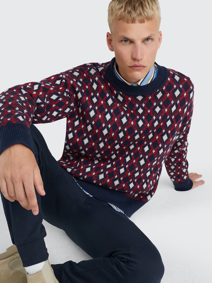 Tommy Hilfiger Geometric Intarsia Oversized Men's Jumpers Blue | QHshlne7oaem