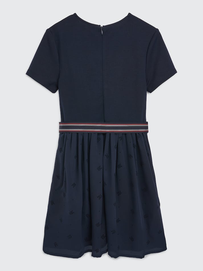 Tommy Hilfiger Girls 3-7 Monogram Embroidery Fit And Flare Kids' Dress Blue | w95AUZZKRLG2