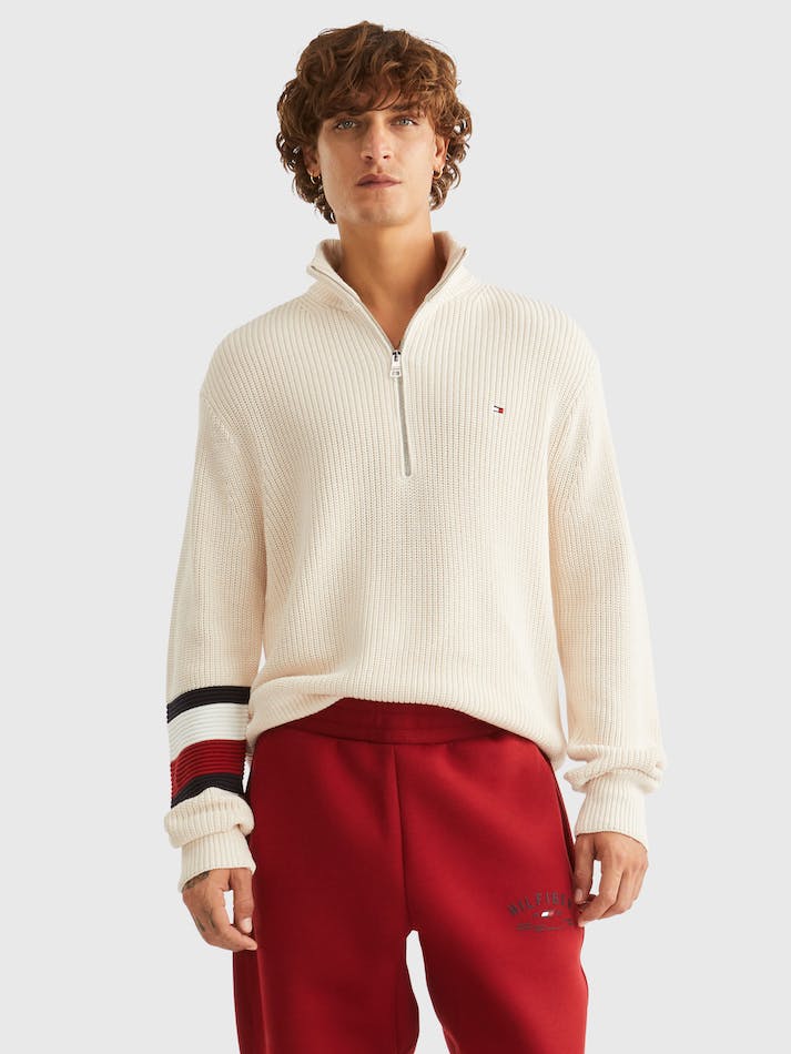 Tommy Hilfiger Global Stripe Zip Mockneck Men\'s Sweaters White | KUkfkVaP4HEg