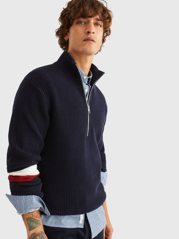 Tommy Hilfiger Global Stripe Zip Mockneck Men's Sweaters Blue | ceCbZ3rKGBLW