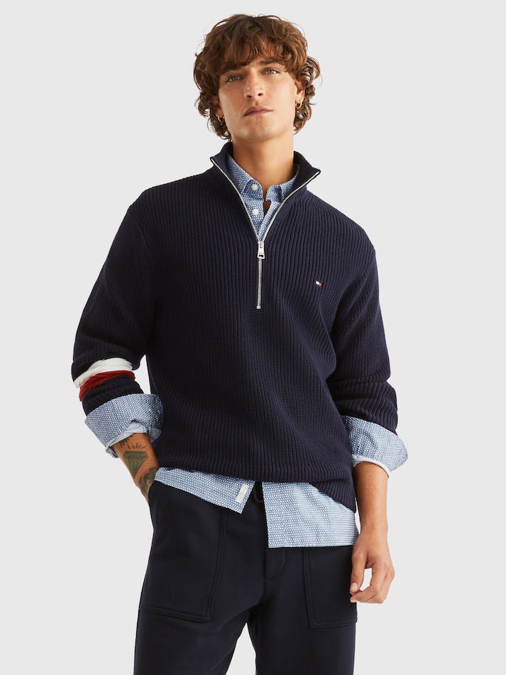 Tommy Hilfiger Global Stripe Zip Mockneck Men\'s Sweaters Blue | ceCbZ3rKGBLW