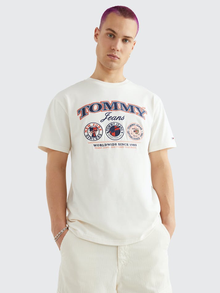 Tommy Jeans Heritage Print Classic Fit Men's T Shirts White | 7RI1wkoca0re