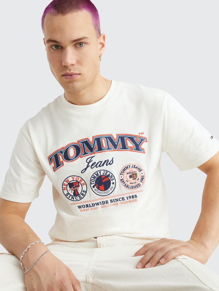 Tommy Jeans Heritage Print Classic Fit Men's T Shirts White | 7RI1wkoca0re