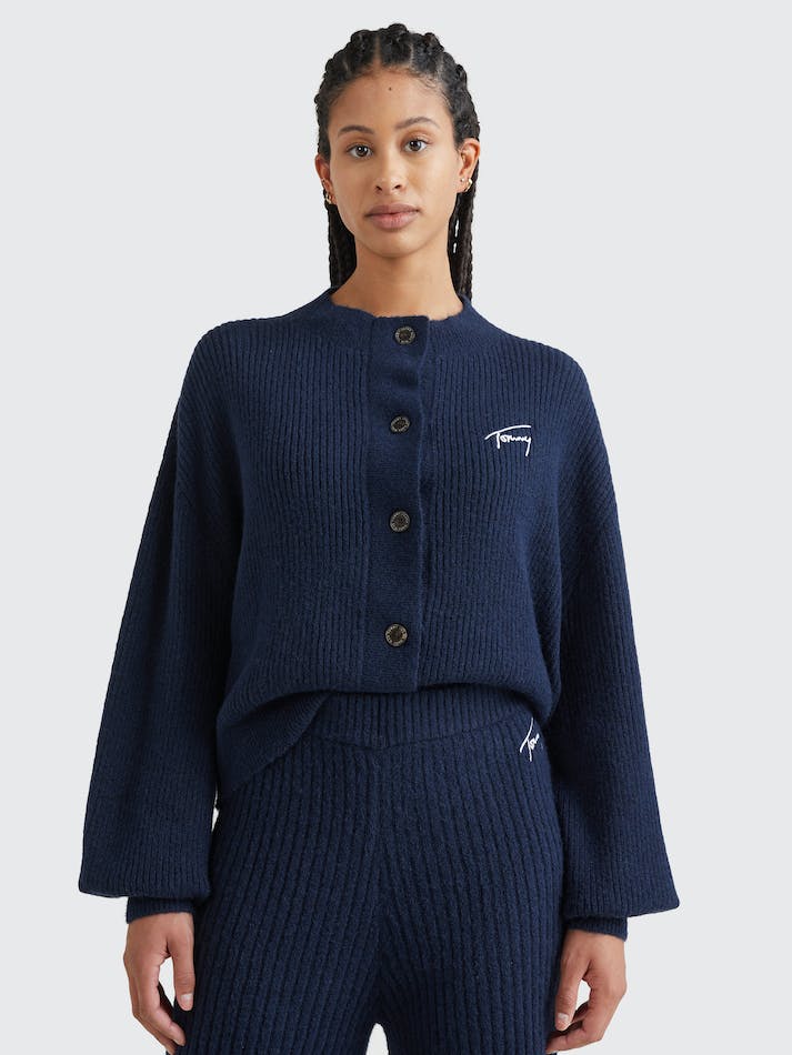 Tommy Jeans High Neck Signature Logo Women's Cardigan Navy | TK9JtZWdTDae