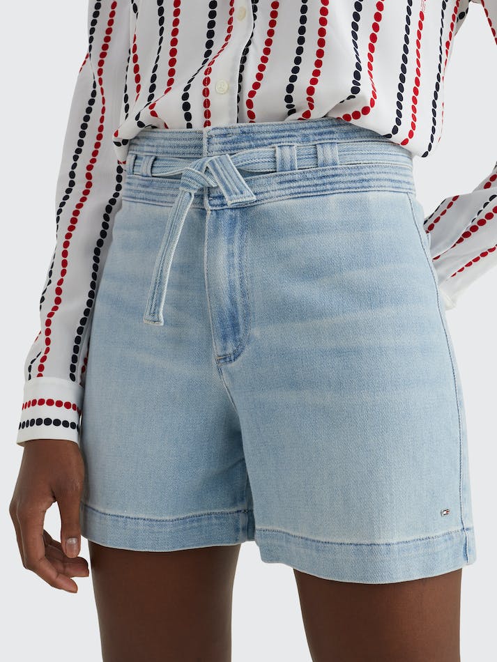 Tommy Hilfiger High Rise Denim Belted Women's Shorts Blue | Lzr6DItSSoTq