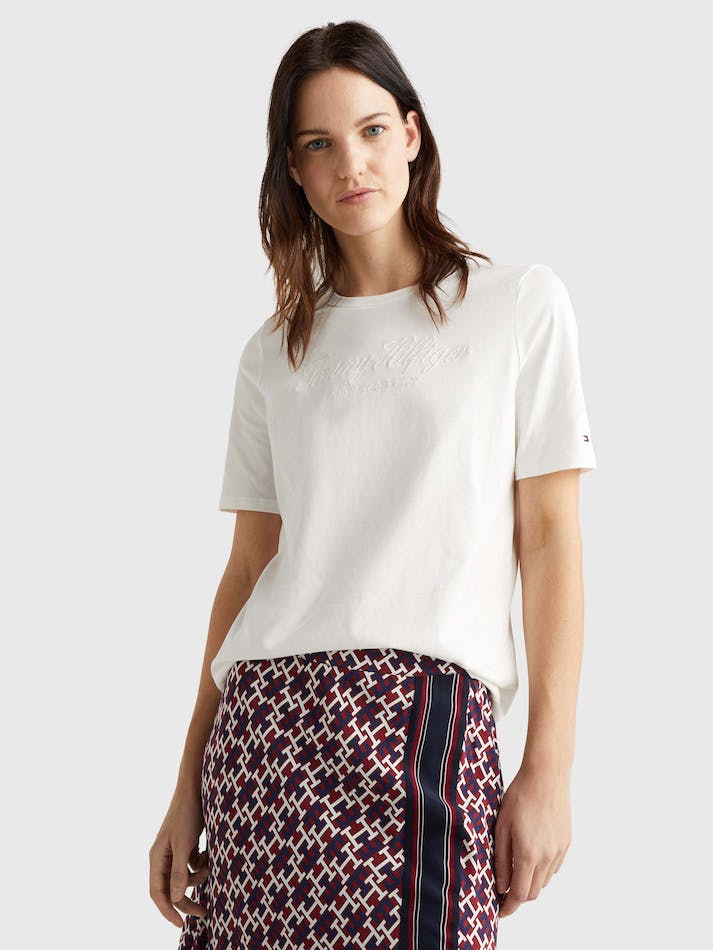 Tommy Hilfiger High Shine Embroidery Organic Cotton Women's T Shirts White | WyJxDiHLNqpO