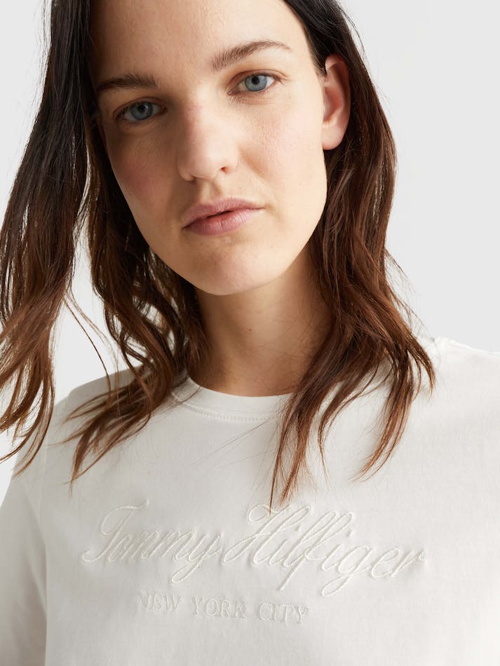 Tommy Hilfiger High Shine Embroidery Organic Cotton Women's T Shirts White | WyJxDiHLNqpO