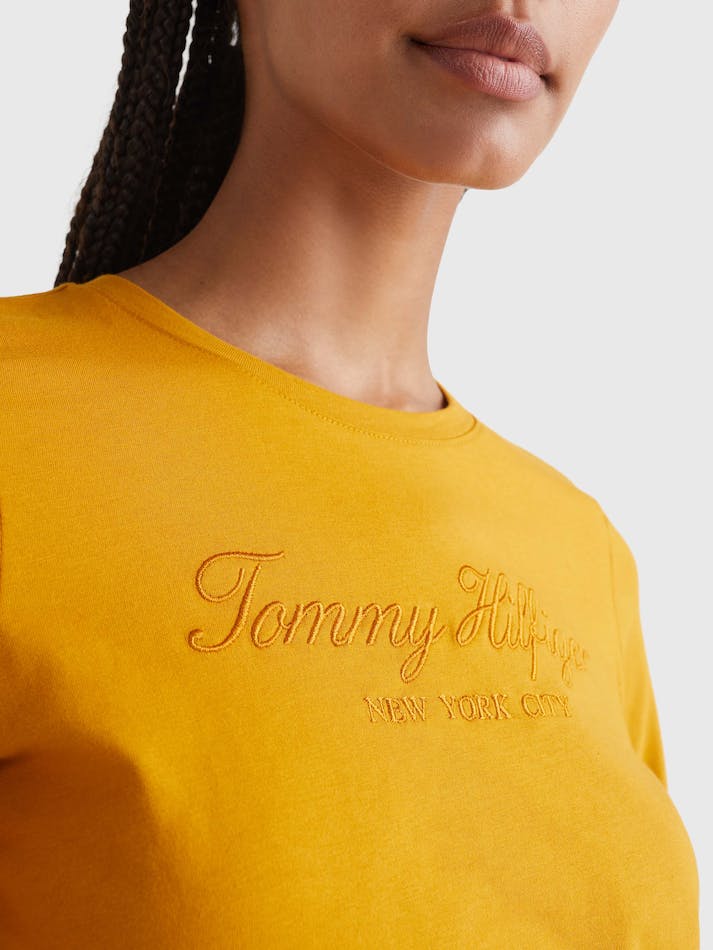 Tommy Hilfiger High Shine Embroidery Organic Cotton Women's T Shirts Gold | uyrZGeZgQAXl