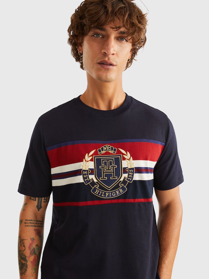 Tommy Hilfiger Icon Crest Stripe Men's T Shirts Blue | x8Q2o2RjrPcq