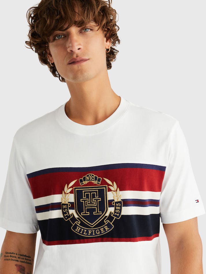 Tommy Hilfiger Icon Crest Stripe Men's T Shirts White | a9ZarEKmCvgQ