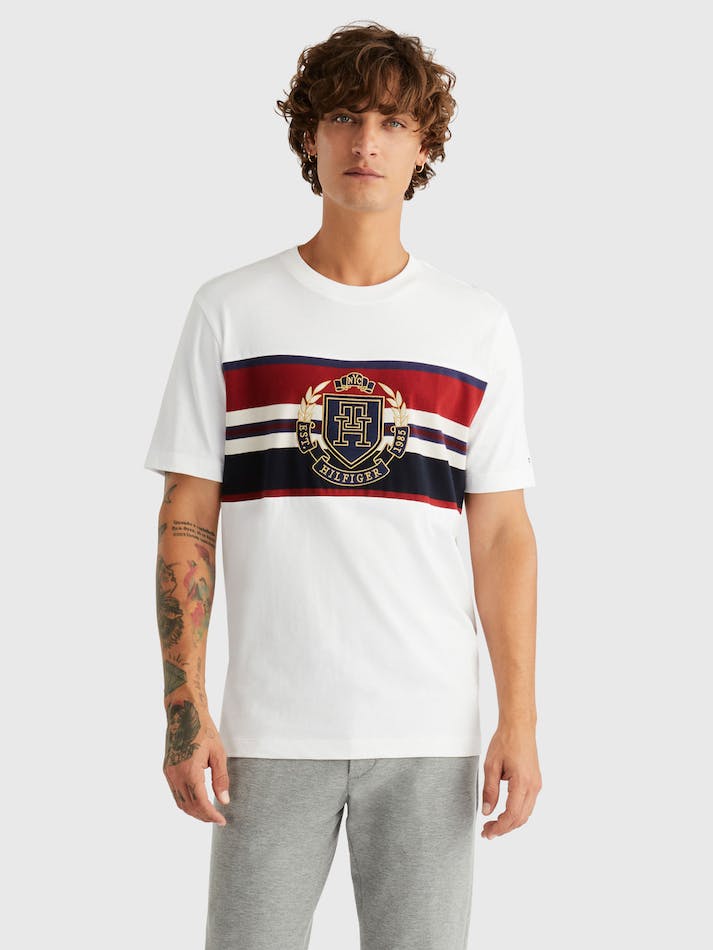 Tommy Hilfiger Icon Crest Stripe Men\'s T Shirts White | a9ZarEKmCvgQ