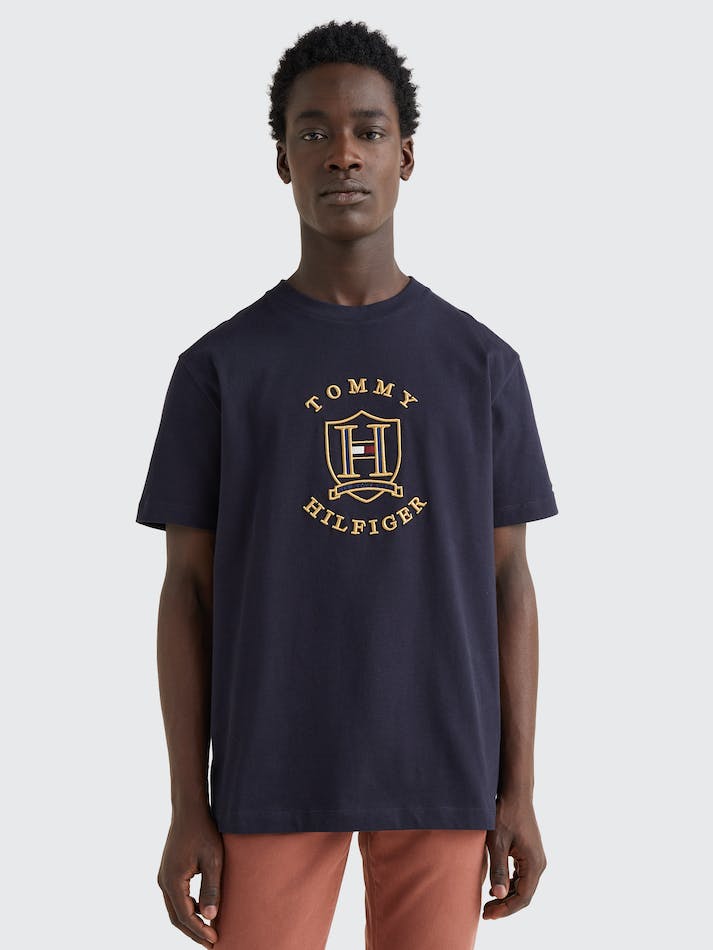 Tommy Hilfiger Icons Gold Logo Men's T Shirts Blue | yqnPqO8MzYHH