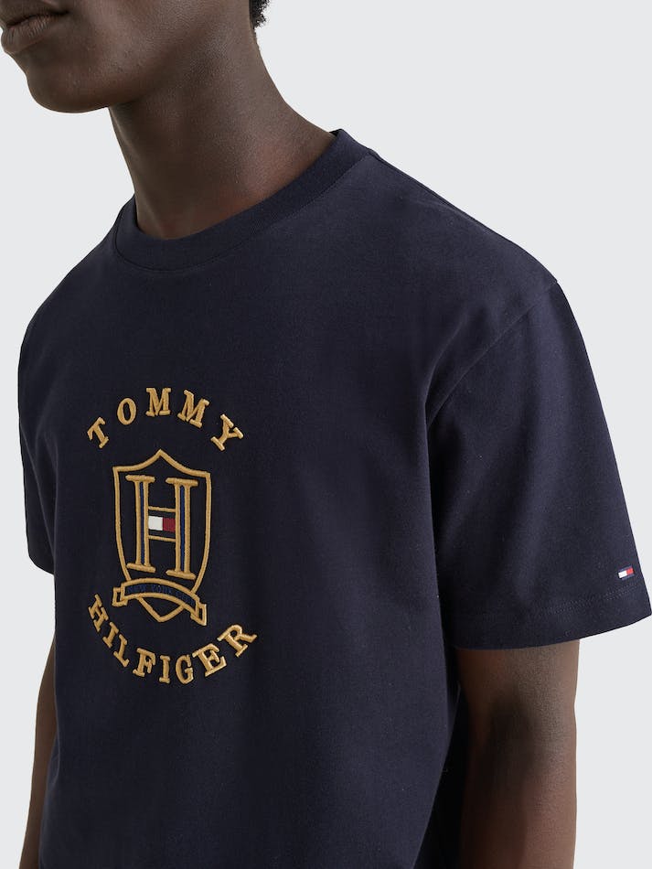 Tommy Hilfiger Icons Gold Logo Men's T Shirts Blue | yqnPqO8MzYHH