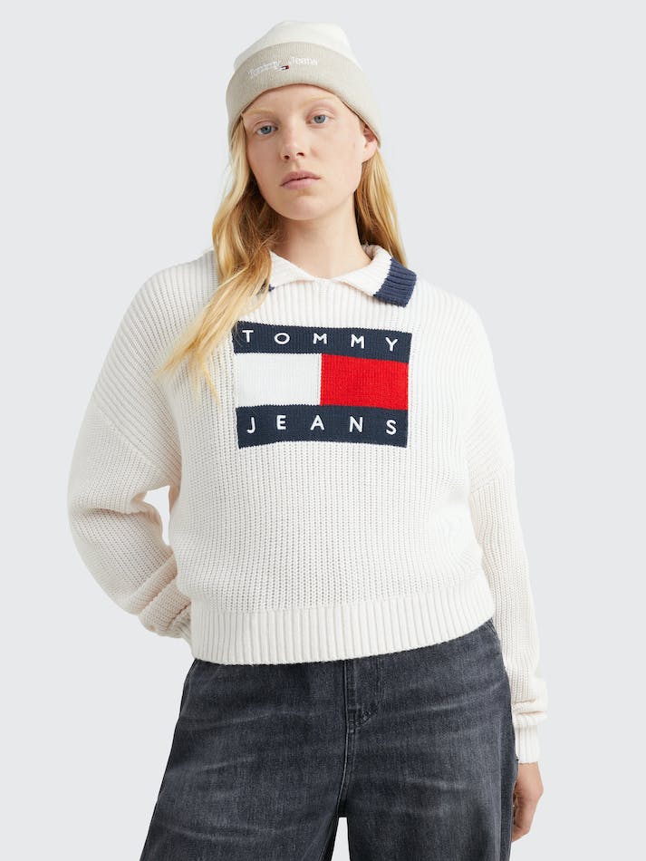 Tommy Jeans Intarsia Flag Collared Women's Jumpers White | iBgLSD7xpUH0