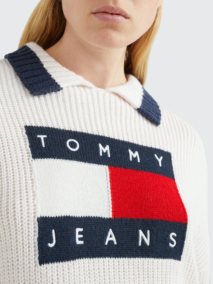 Tommy Jeans Intarsia Flag Collared Women's Jumpers White | iBgLSD7xpUH0