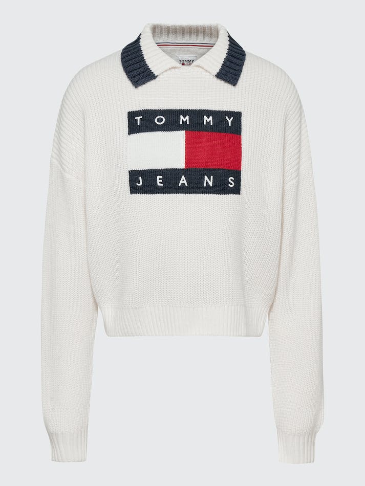 Tommy Jeans Intarsia Flag Collared Women's Jumpers White | iBgLSD7xpUH0