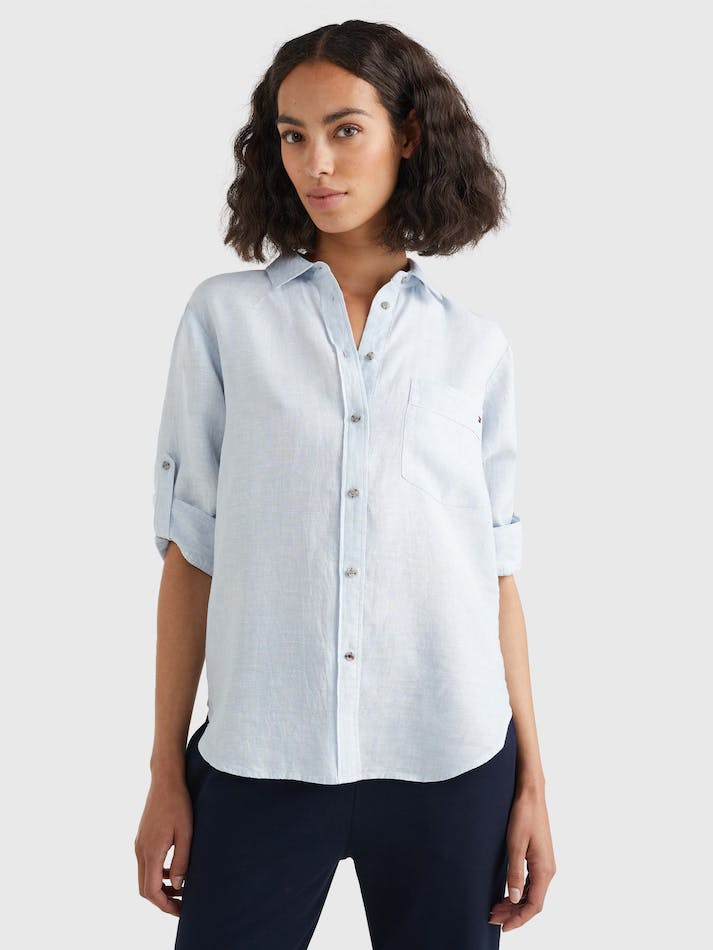 Tommy Hilfiger Linen Longline Relaxed Fit Women's Shirts Blue | 823n5ON2BhqB