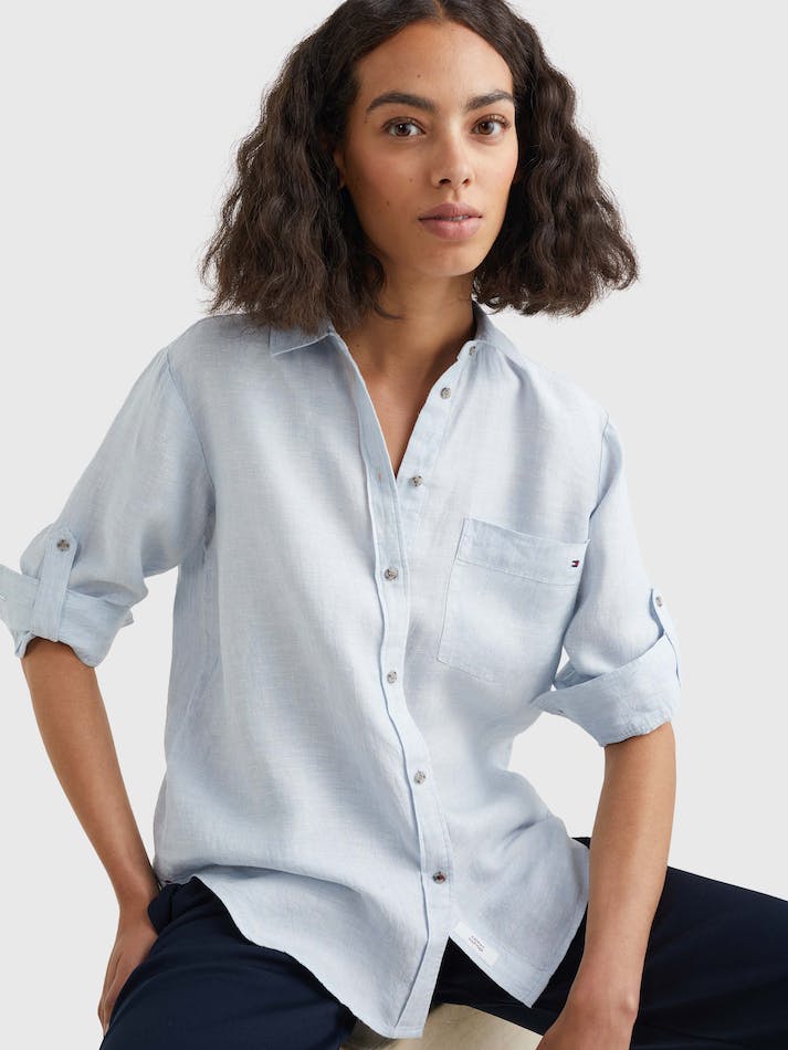 Tommy Hilfiger Linen Longline Relaxed Fit Women's Shirts Blue | 823n5ON2BhqB