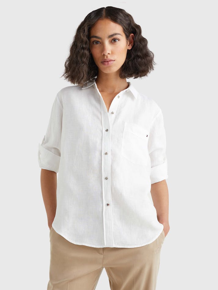 Tommy Hilfiger Linen Longline Relaxed Fit Women's Shirts White | QQFCZVL1zl3t