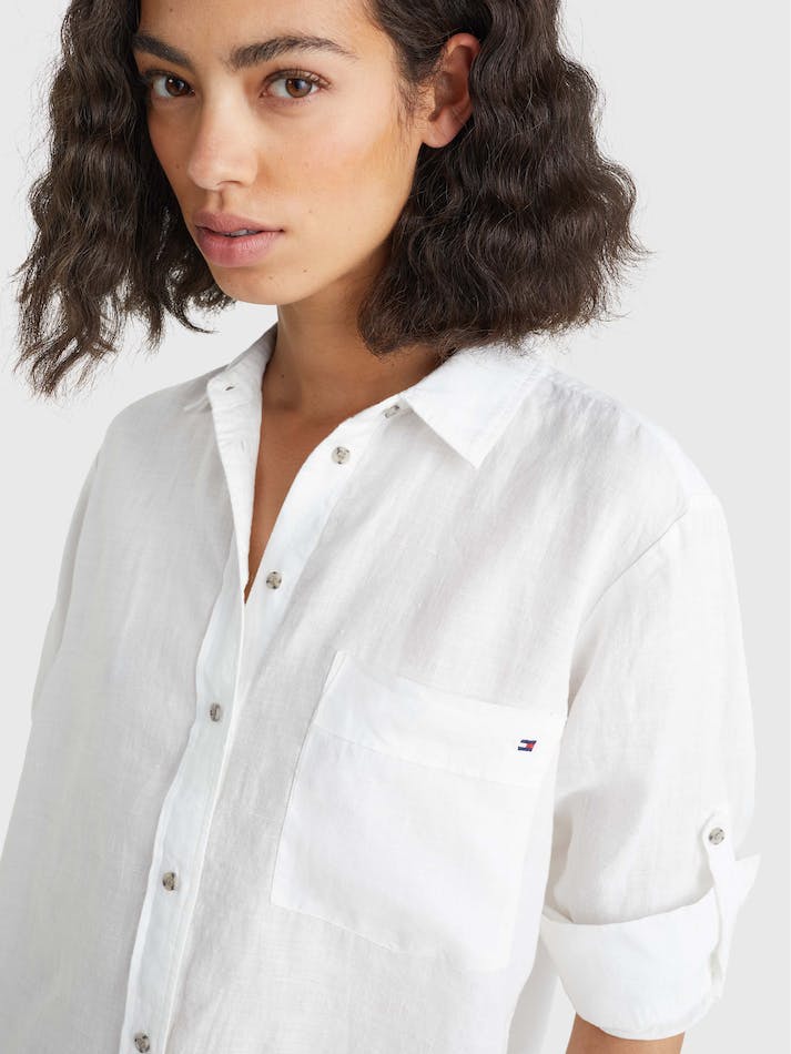 Tommy Hilfiger Linen Longline Relaxed Fit Women's Shirts White | QQFCZVL1zl3t