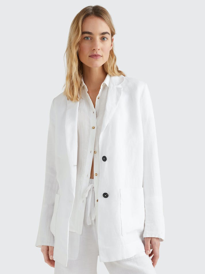 Tommy Hilfiger Linen Relaxed Fit Women's Blazers White | AHQ6LrMCfbUT