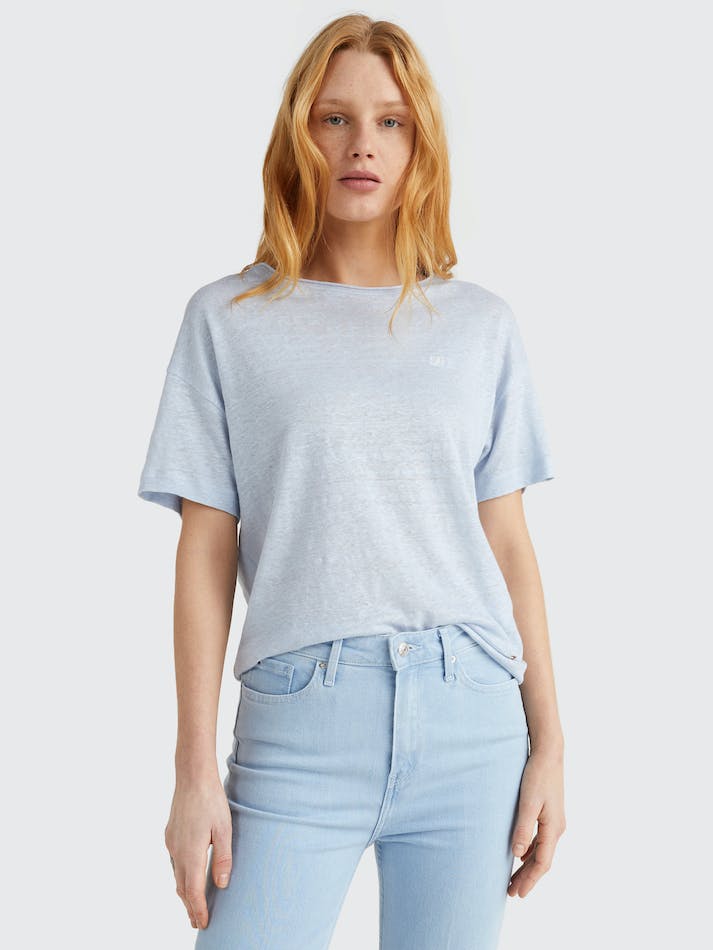 Tommy Hilfiger Linen Relaxed Fit Women's Tops Blue | TqFCPFZN88DQ