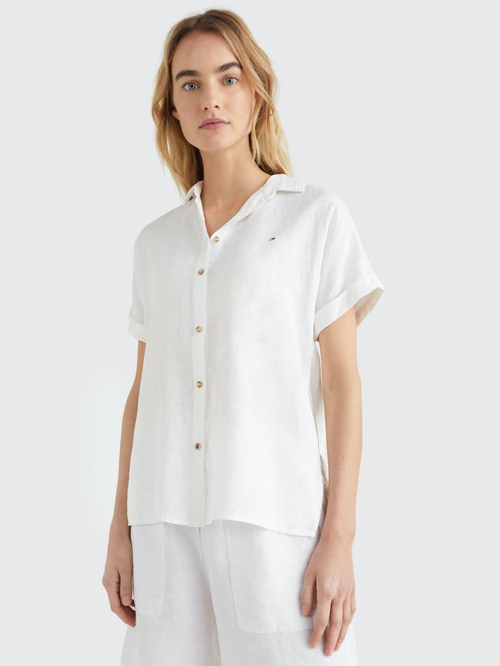 Tommy Hilfiger Linen Short Sleeve Women's Shirts White | P96CnCo66IpH