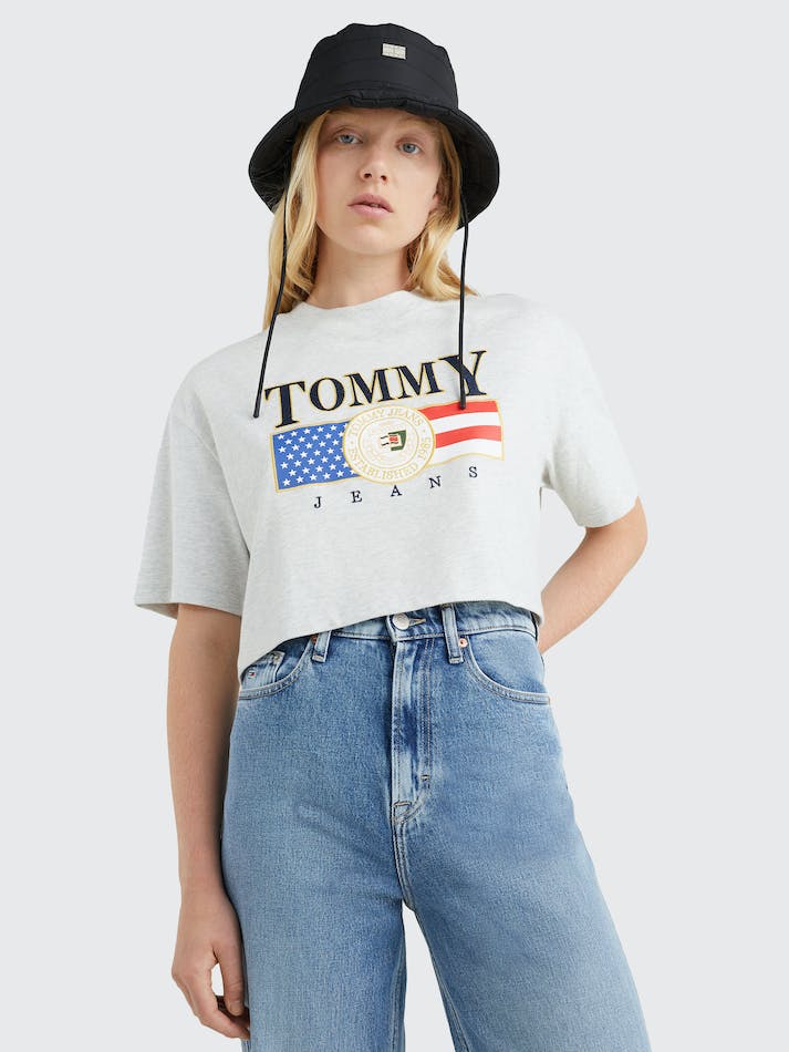 Tommy Jeans Logo Brushed Jersey Crop Women's T Shirts Silver Grey | pjOJFjHNSpnV