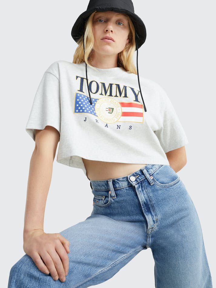 Tommy Jeans Logo Brushed Jersey Crop Women's T Shirts Silver Grey | pjOJFjHNSpnV