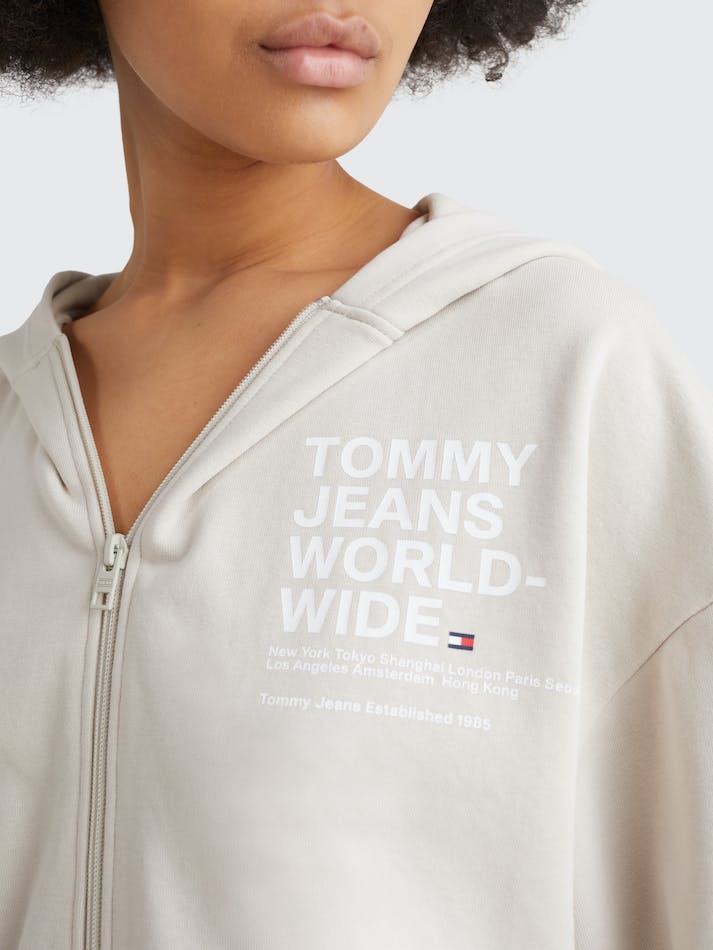 Tommy Jeans Logo Cropped Zip-Thru Women's Hoodie Beige | gu03idf2xe7A