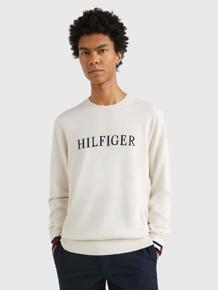 Tommy Hilfiger Logo Embroidery Crew Neck Men's Jumpers White | I0IrGglVLDtK